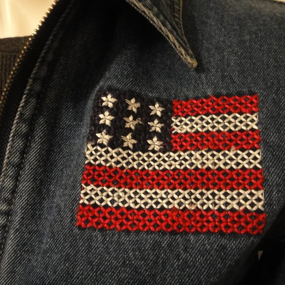 Agapo Denim Jeans Jacket Embroidered USA Flag - Picture 2 of 11